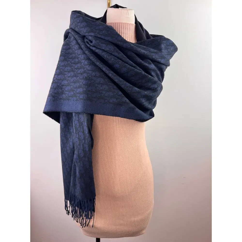 DIOR Oblique Navy Black Double-Sided Scarf Cashmere Fringed Edges Around Neck